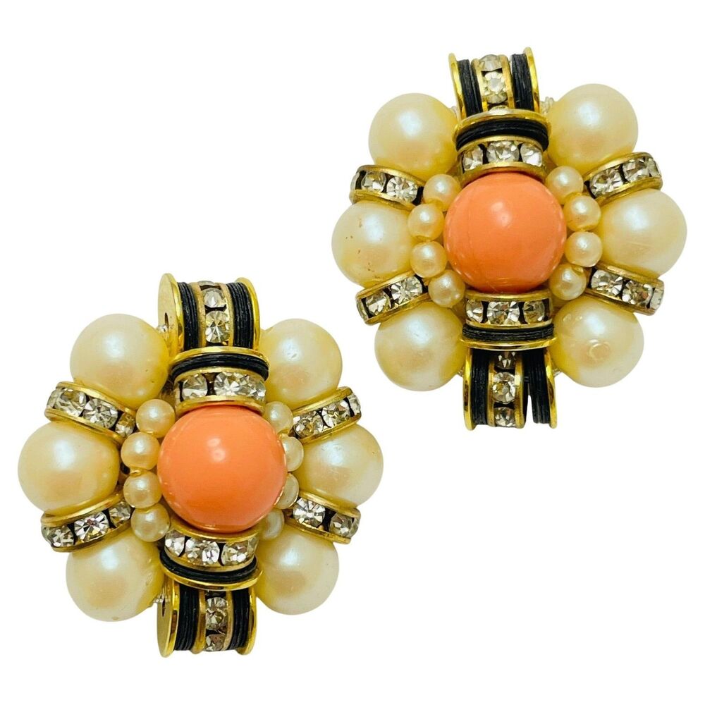 Vintage gold tone faux coral pearl rhinestone designer runway clip on earrings